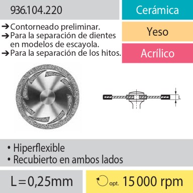 Discos: 936.104.220 Cerámica, Yeso y Acrílico, Contorneado preliminar; Para la separación de dientes en modelos de yeso; Separación de los hitos